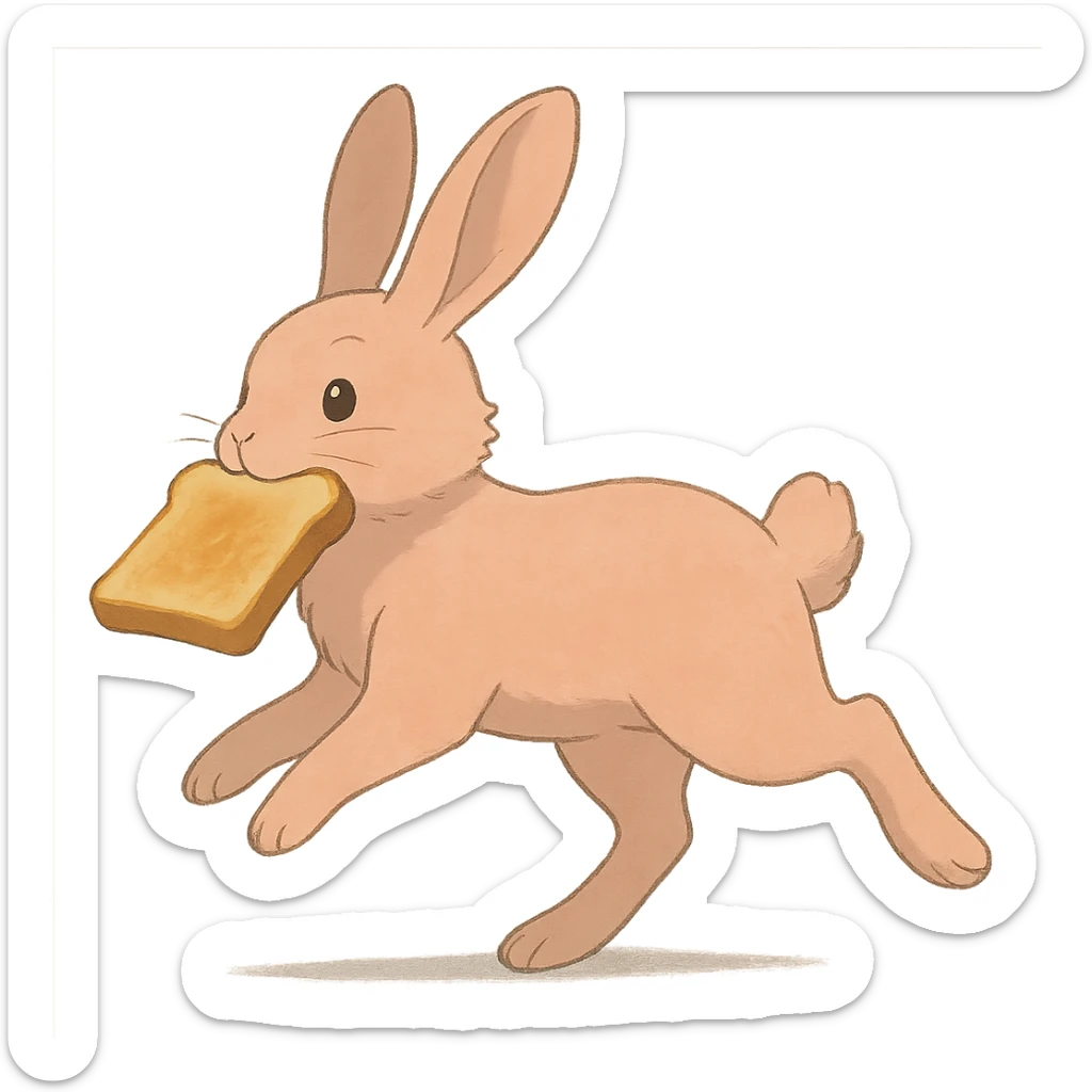 full-body peach bunny running with toast in mouth in soft Ghibli style sticker