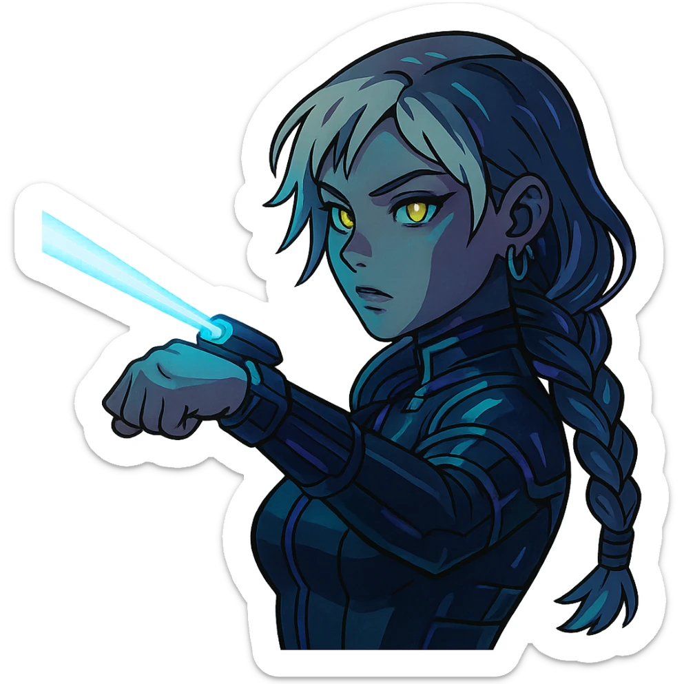  a closeup portrait of young woman with gold yellow eyes, white hair, long braid, black off-shoulder top d-cup, punk gothic style, futuristic cyberwave cyberpunk,  shooting a blue lazer from a small device on her left wrist sticker