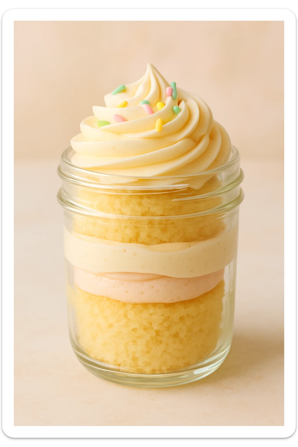 a vanilla cupcake baked in a clear glass jar, visible layers of cake and frosting, whimsical and inviting, soft colors sticker