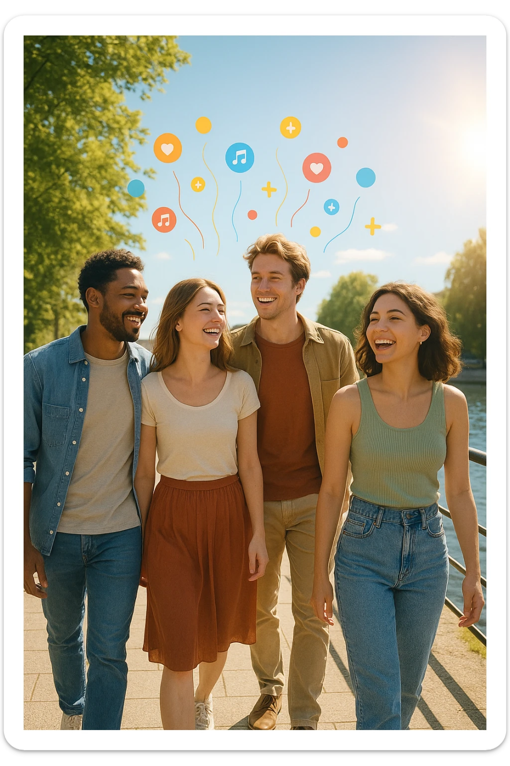 a group of friends strolls along a riverside promenade on a bright, sunny day. Their expressions are joyful and relaxed, and the sunlight creates a warm, golden glow. Above them, faint, colorful lines or icons represent the release of beneficial dopamine. The background is vibrant and full of life. sticker