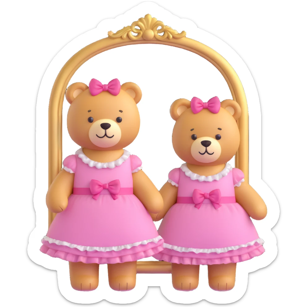 plush bear in a frilly pink dress with bows, standing by a gold-framed mirror in a sunlit pastel room, 3D iOS emoji style, cute and vibrant sticker
