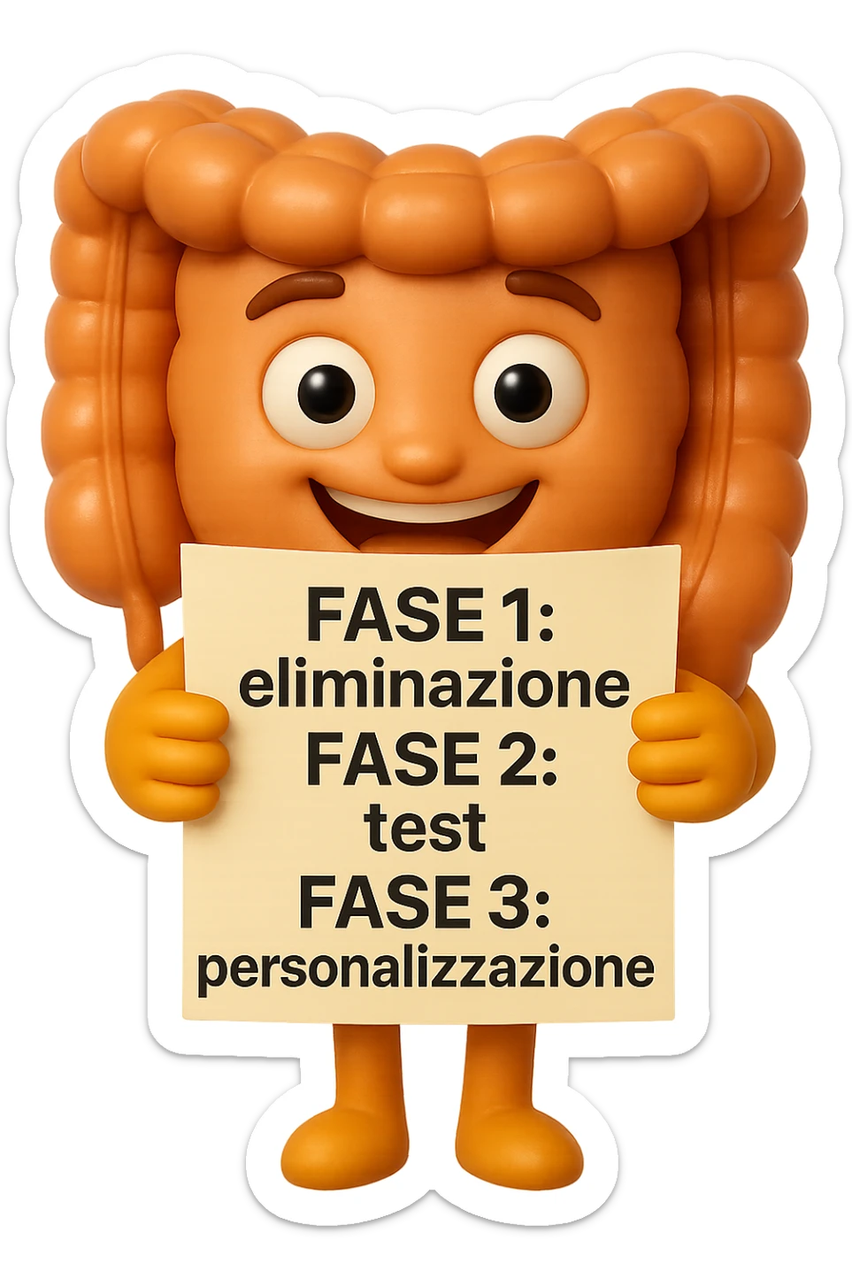 emoji stile iphone 3d di un intestino che tiene in mano un foglio con la scritta "FASE 1: eliminazione, FASE 2: test, FASE 3: personalizzazione, IPERREALISTICO 4K sticker