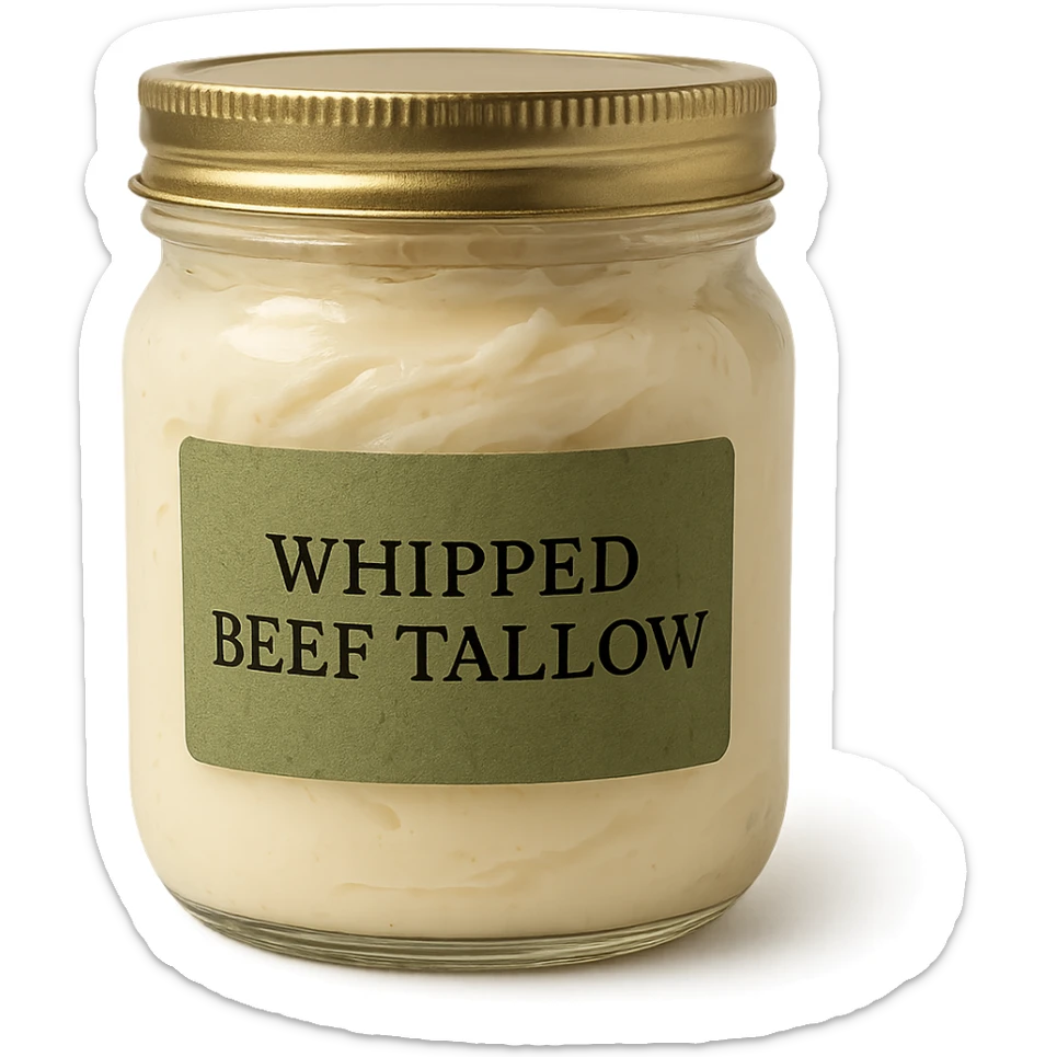 sealed jar of whipped beef tallow, green label, rustic look, creamy contents, clean background sticker