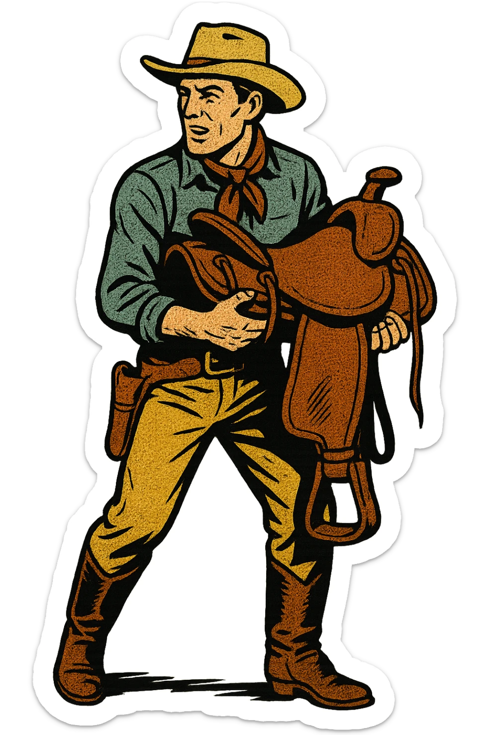 The full body of cowboy holding a saddle from the American West in the 1860s.  sticker