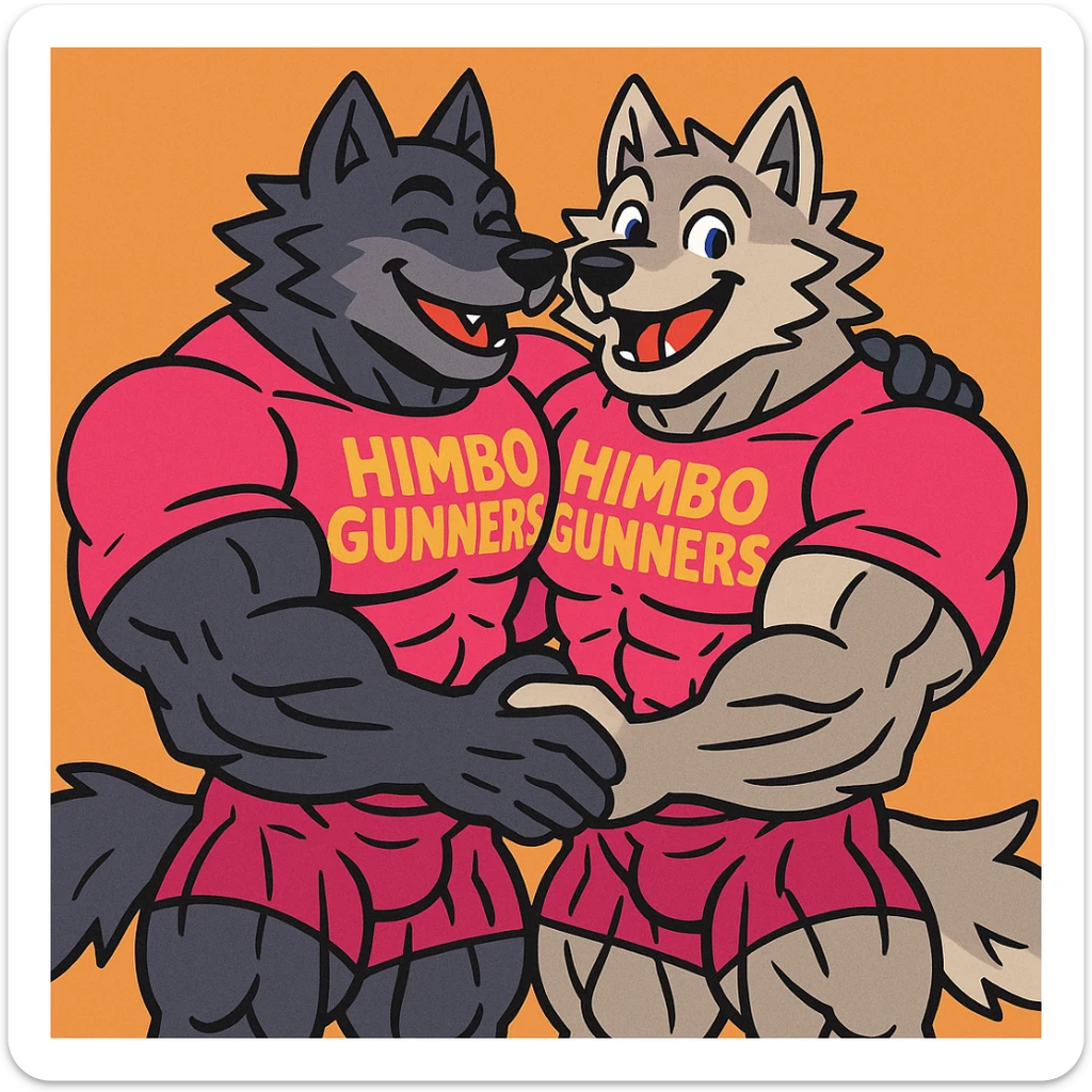 pair of ultra-muscular wolf furries wearing 'Himbo gunners' t-shirts, hugging, cheerful and energetic, very large, defined, and detailed muscles, high quality sticker