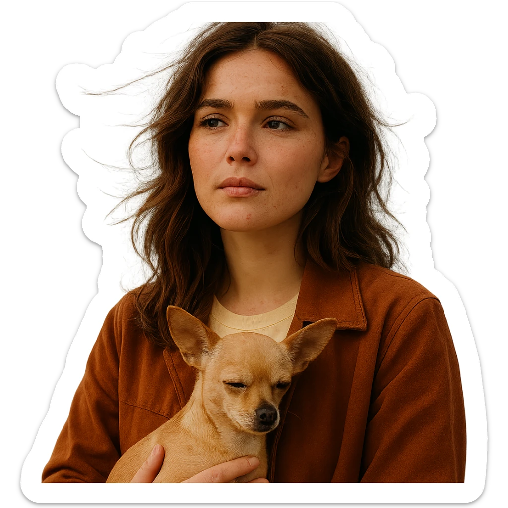 Portrait of a woman inspired by the facial features visible in the reference images, with a tanned complexion and subtle freckles. She wears a shirt in color #FFF8CA and a rust-colored jacket. Her hair is medium-length brown with auburn highlights. She has a dreamy and poetic expression, holding a beige-brown chihuahua. The style is inspired by a Netflix series, with a transparent background. The ambiance is oceanic and windy from Tenerife, creating an intimate Instagram diary universe. sticker