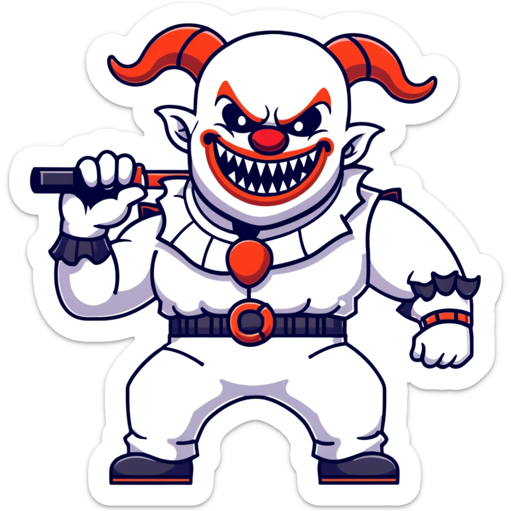 full-body muscular demonic clown, battle-ready, black and white leisure suit with bellbottom pants, bald, black ram horns, flashy black and white belt, ruffled white shirt, no neck tie, large fangs, holding very large futuristic rifle sticker