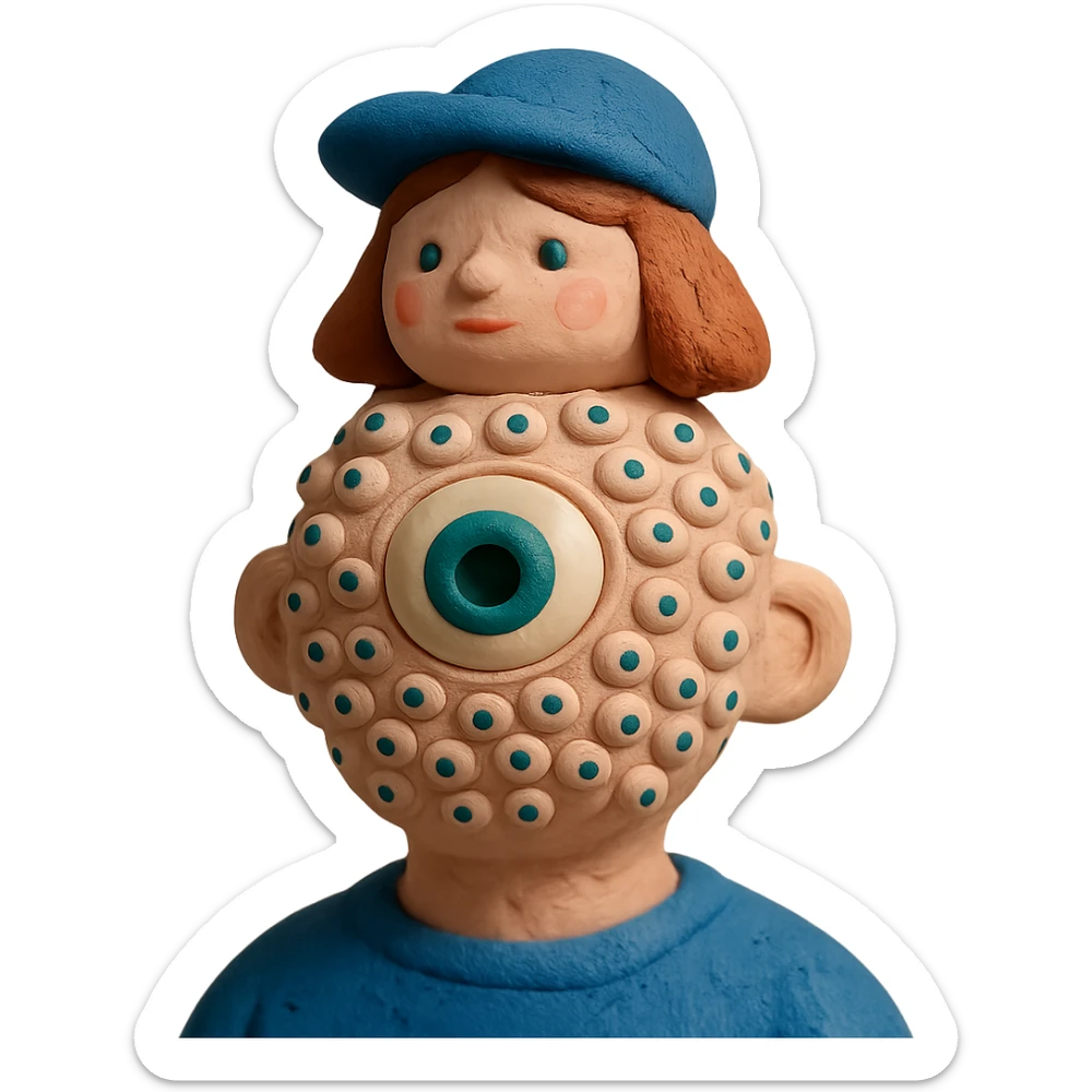 guy with 300 eyes, one big green eye in the middle of his head, hat made out of a girl on his head sticker