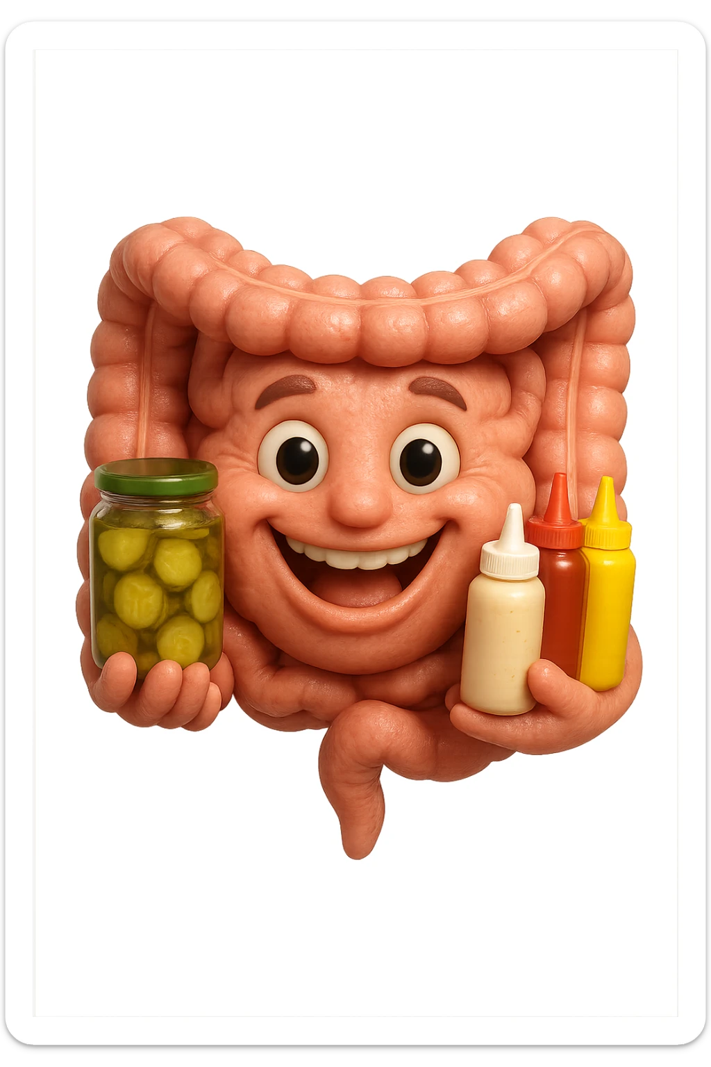 emoji stile iphone di intestino umano con espressione felice mentre tiene in mano cetriolini sottaceto, maionese, salsa barbecue, salsa, senape realistica
IPERREALISTICO 4K sticker