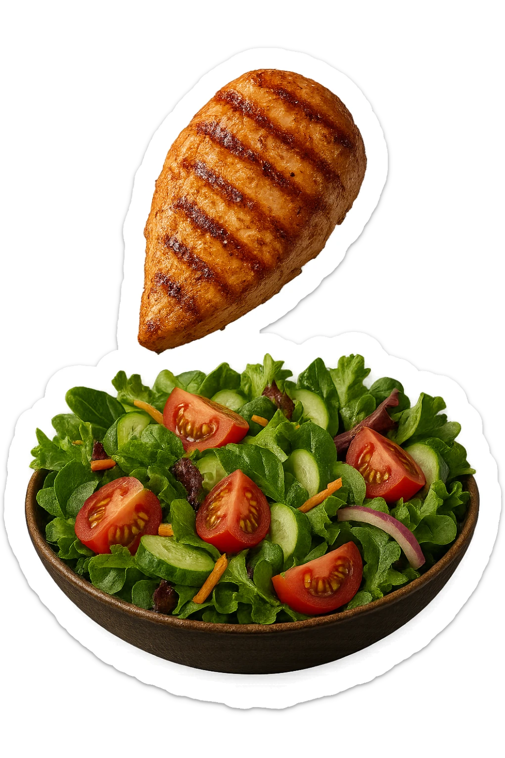 INSALATA CON PETTO DI POLLO GRIGLIATO CHE CADE DALL'ALTO, IPERREALISTICO 4K sticker