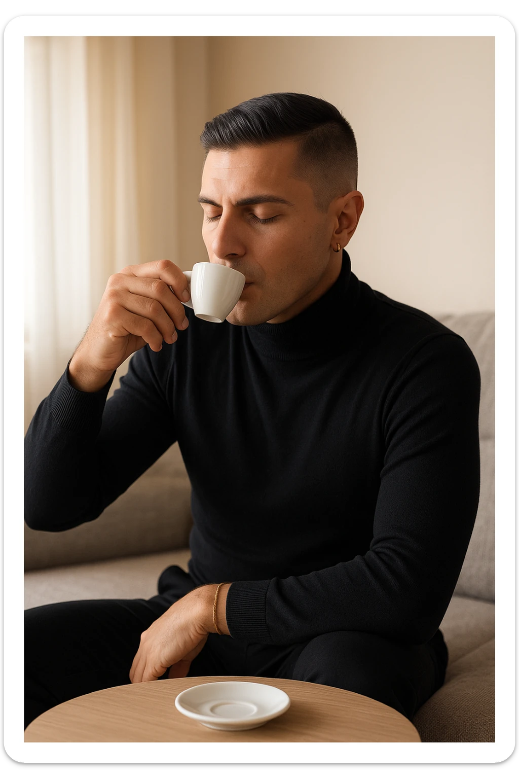 Uomo adulto in abiti casual in un ambiente domestico o ufficio tranquillo, mentre beve un caffè espresso con espressione consapevole. Subito dopo, si sdraia su un divano per un breve riposo di 20 minuti, occhi chiusi, posizione rilassata. La stanza è luminosa ma tranquilla, luce pomeridiana morbida che filtra dalla finestra. Atmosfera rigenerante e silenziosa. Accanto a lui, una tazzina vuota. Il suo viso appare calmo, in attesa del recupero energetico sticker