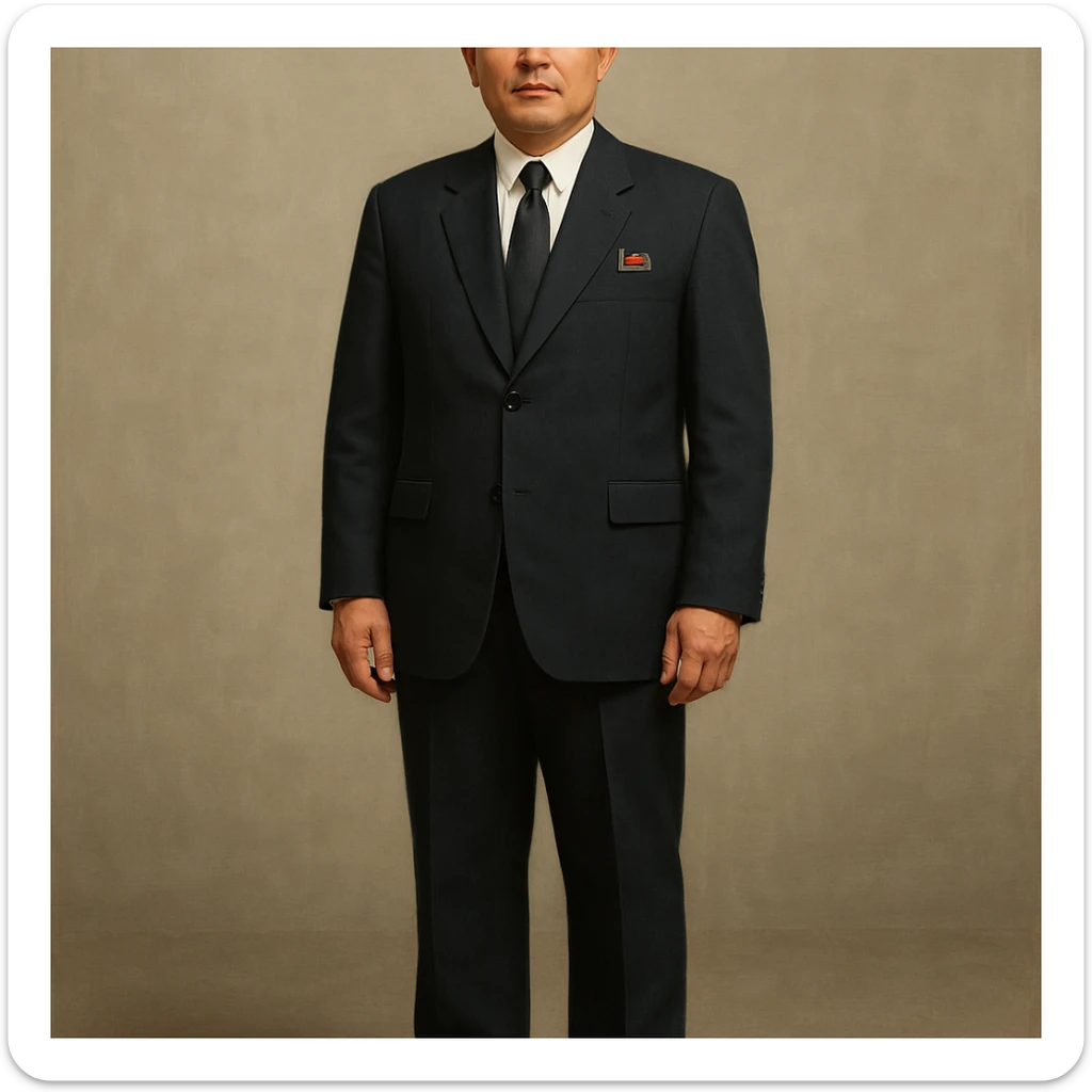 Official portrait of a North Korean man, head of the hull production workshop at a shipyard, serious and formal style, dark suit, neutral background, confident and focused expression, style inspired by Soviet and North Korean official portraits, full body, not cropped, head not cut off, head and feet fully in frame, variation 2 sticker
