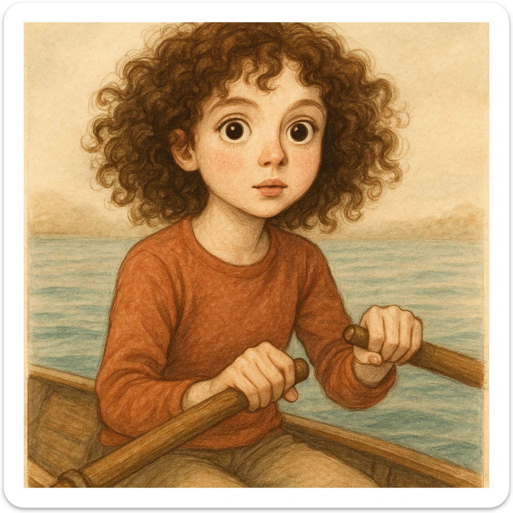 kürek çeken, kıvırcık saçlı, beyaz tenli, gözleri biraz iri kız, genel stil sticker