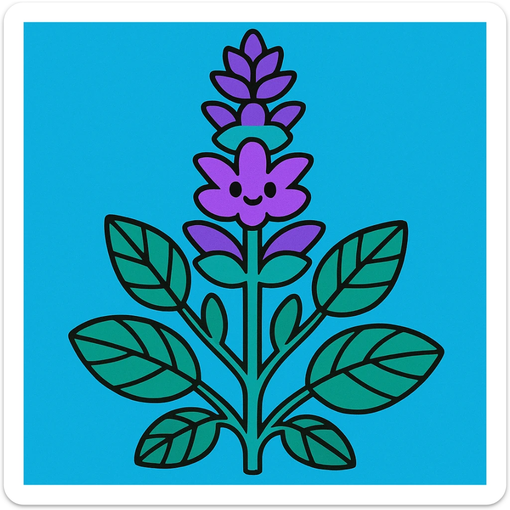 clary sage plant, bluey green color, cartoon style, vibrant colors, playful, friendly sticker