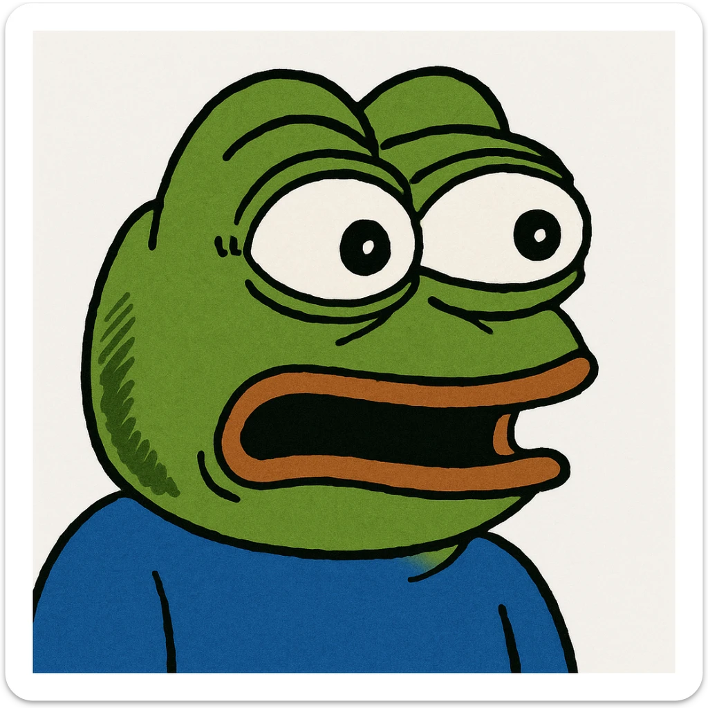 Pepe the Frog surprised, wide eyes and open mouth, meme style, green skin, blue shirt sticker
