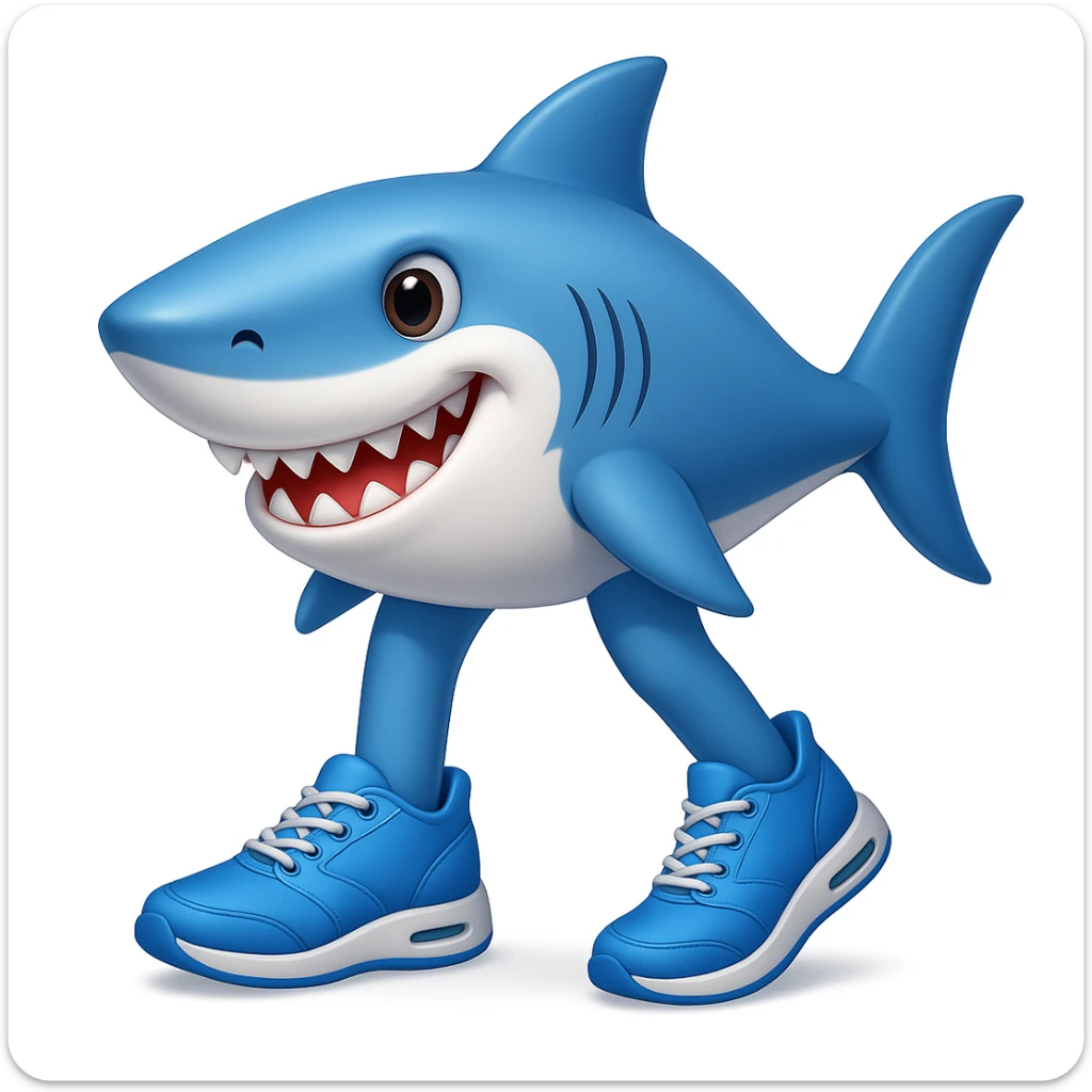 Add legs to the shark so it is actually wearing the blue shoes, keeping the style similar to emoji style (apple style emojis). sticker