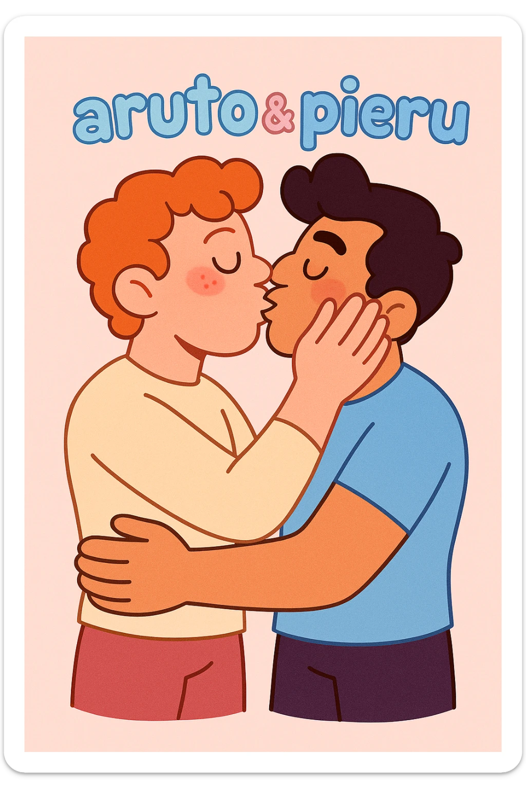 a gay couple kissing, with 'aruto & pieru' written above, in a soft pastel cartoon style sticker