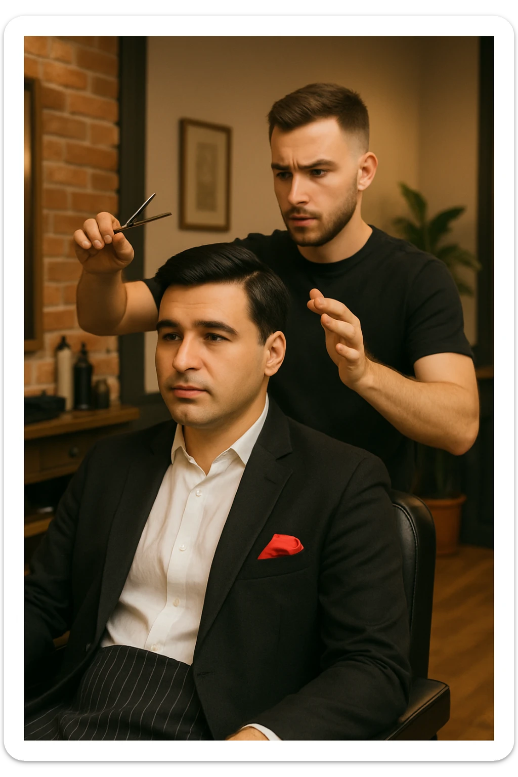 manashu akani yuzlaridan foydalanib sartarosh chizib bergin u soch olishga tayyor turganini chizib ber old rakursda bulsin mijoz tugriga qarab utirganini va sartarosh uni orqasida turib bitta ulida qaychi, ikkta quli bilan tayyorgarlik kurib turganini chizib ber xuddi 1,2,3 boshladik degandey birdaniga ishga kirishib ketadigan dek tayyor bulib tursin sticker