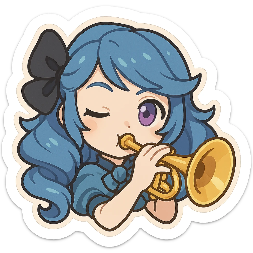 chibi style emote of Gwen from League of Legends, just the head, right eye purple, playing a trumpet, winking sticker