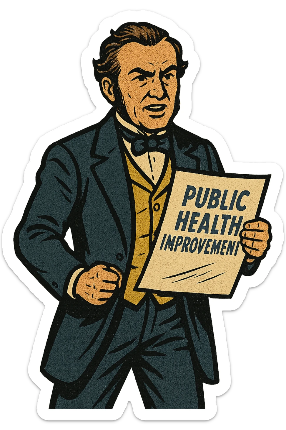 the full image of a middle aged victorian politician holding a document in his left hand which reads 'Public Health Improvement'. sticker