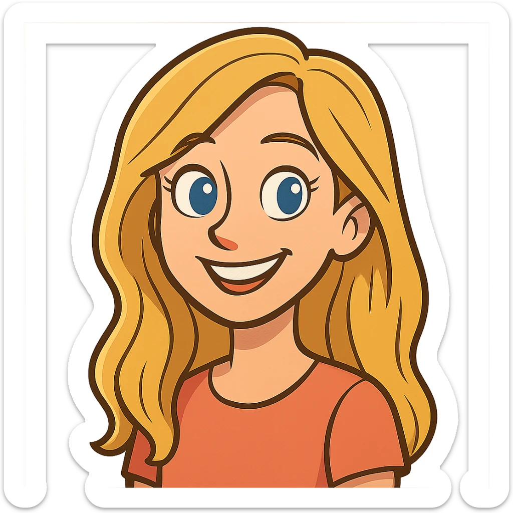 cartoon style portrait of a smiling female with long blonde hair and blue eyes sticker