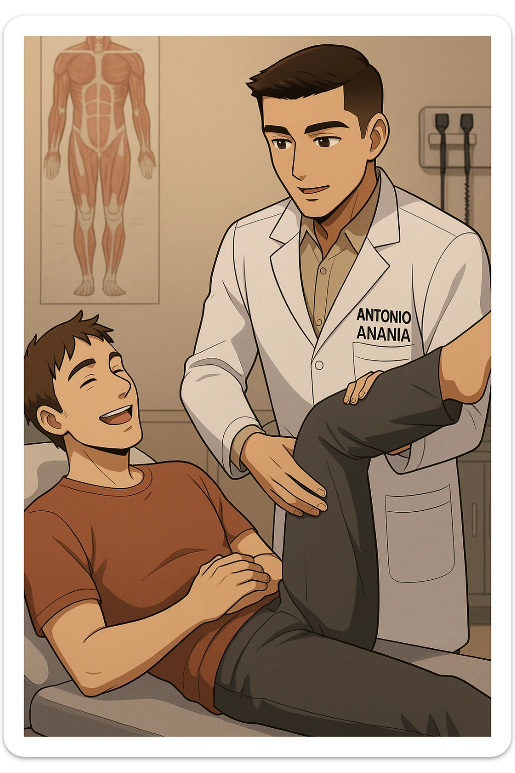 fai un webtoon manga a colori con questo stile, in cui un uomo è steso sul lettino medico e il kinesiologo con il camice bianco (fagli anche la scritta "ANTONIO ANANIA" SUL CAMICE, gli solleva una gamba per fargli il test neuromuscolare, IL KINESIOLOGO SPIEGA ALL'UOMO UNA cosa mentre gli alza la gamba. l'espressione dell'uomo è felice e soddisfatta, non fare i fumetti però, fai solo in modo che sembri stiano parlando, il lettino fai in modo che si veda tutto intero sticker