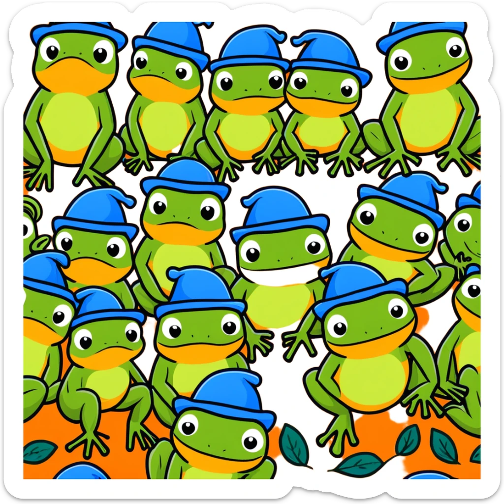 a family of frogs wearing blue hats, parent frogs and baby frogs all together sticker