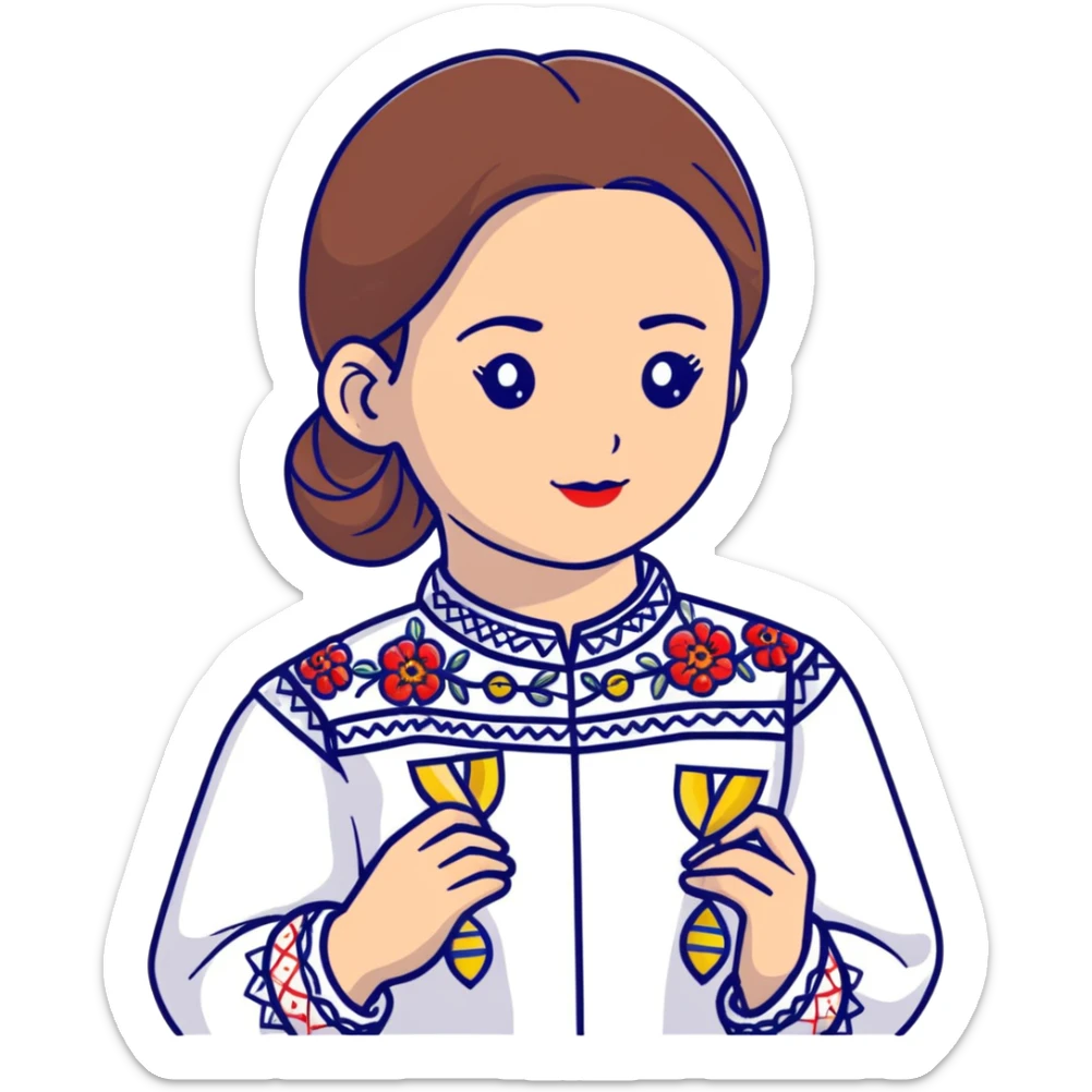Ukrainian girl in traditional embroidered vyshyvanka shirt holding a DNA molecule in her hand sticker