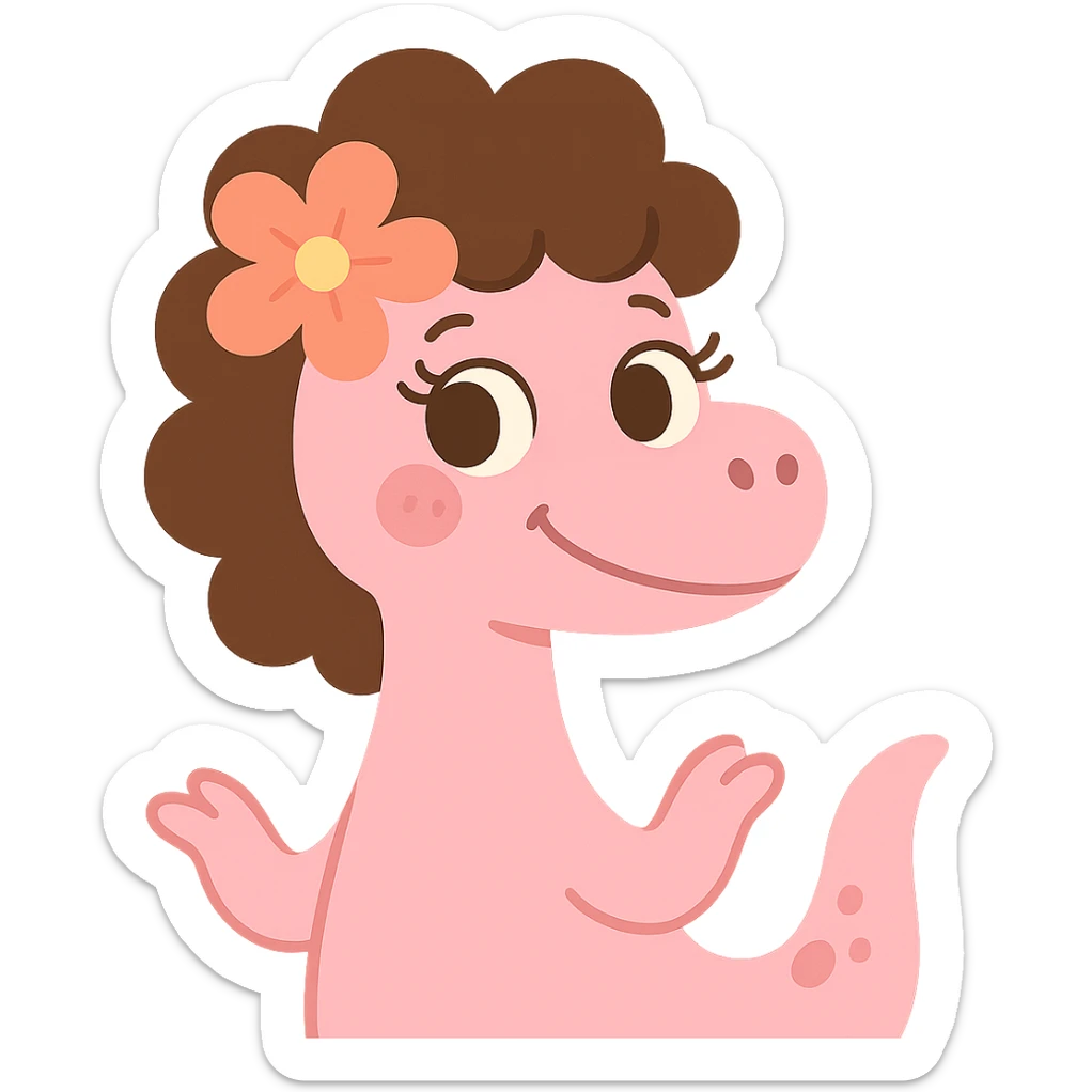 pastel pink dinosaur with brown curly hair, a Hawaiian flower in her hair, brown eyes, and long eyelashes, cute cartoon style sticker