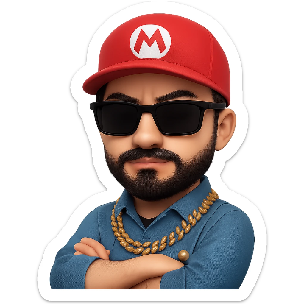 Remix the image as a gangster Mario: a person with glasses, short dark hair, mustache and beard, wearing a red hat and overalls like Mario, gangster style including a gold chain and sunglasses, confident pose, no background. Maintain the essence of the original image but transform it into this gangster Mario style. sticker