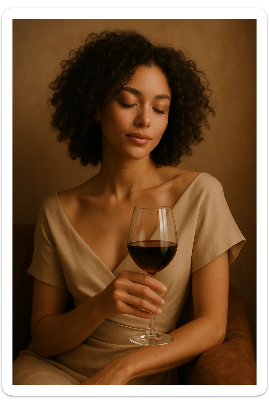A woman with curly hair holding a glass of wine sticker