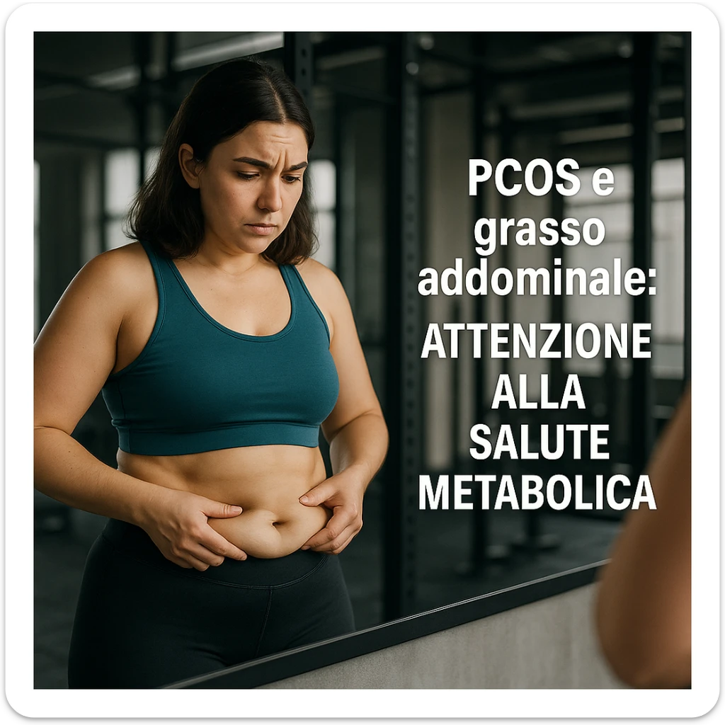 woman in sportswear in front of mirror, observing her abdomen with fat accumulation, reflective expression, gym environment, Italian text: 'PCOS e grasso addominale: attenzione alla salute metabolica', 4K quality sticker