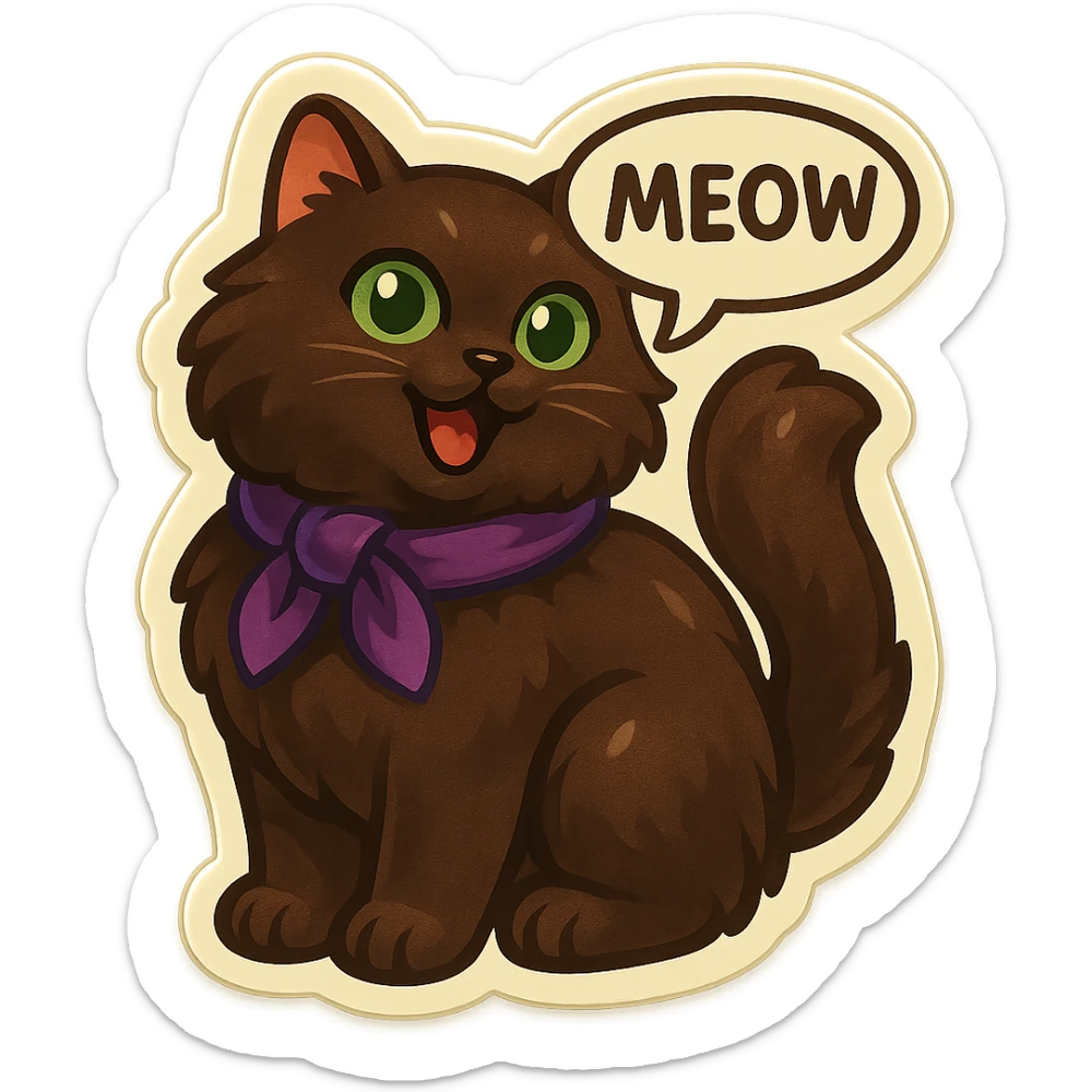 Fluffy meowing cute dark-brown cat with green eyes and a purple scarf saying ‘meow’ (with a speech bubble) sticker
