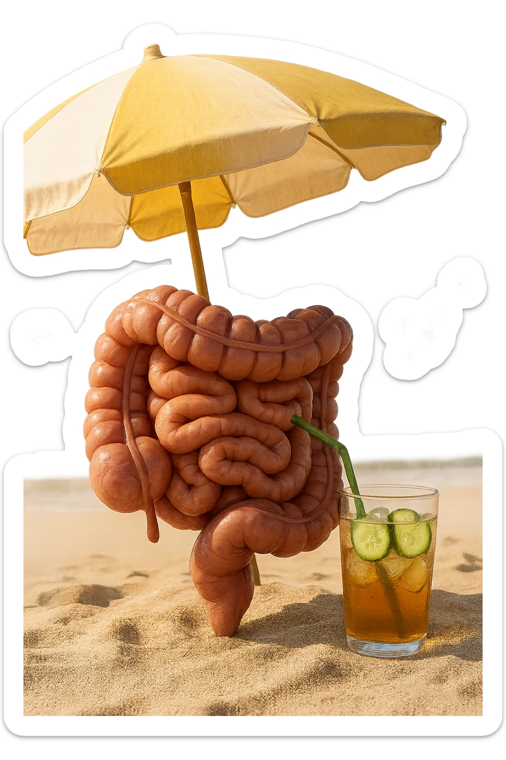 INTESTINO SEDUTO IN SPIAGGIA SOTTO L'OMBRELLONE MENTRE BEVE THè FREDDO CON CETRIOLO
IPERREALISTICO 4K sticker