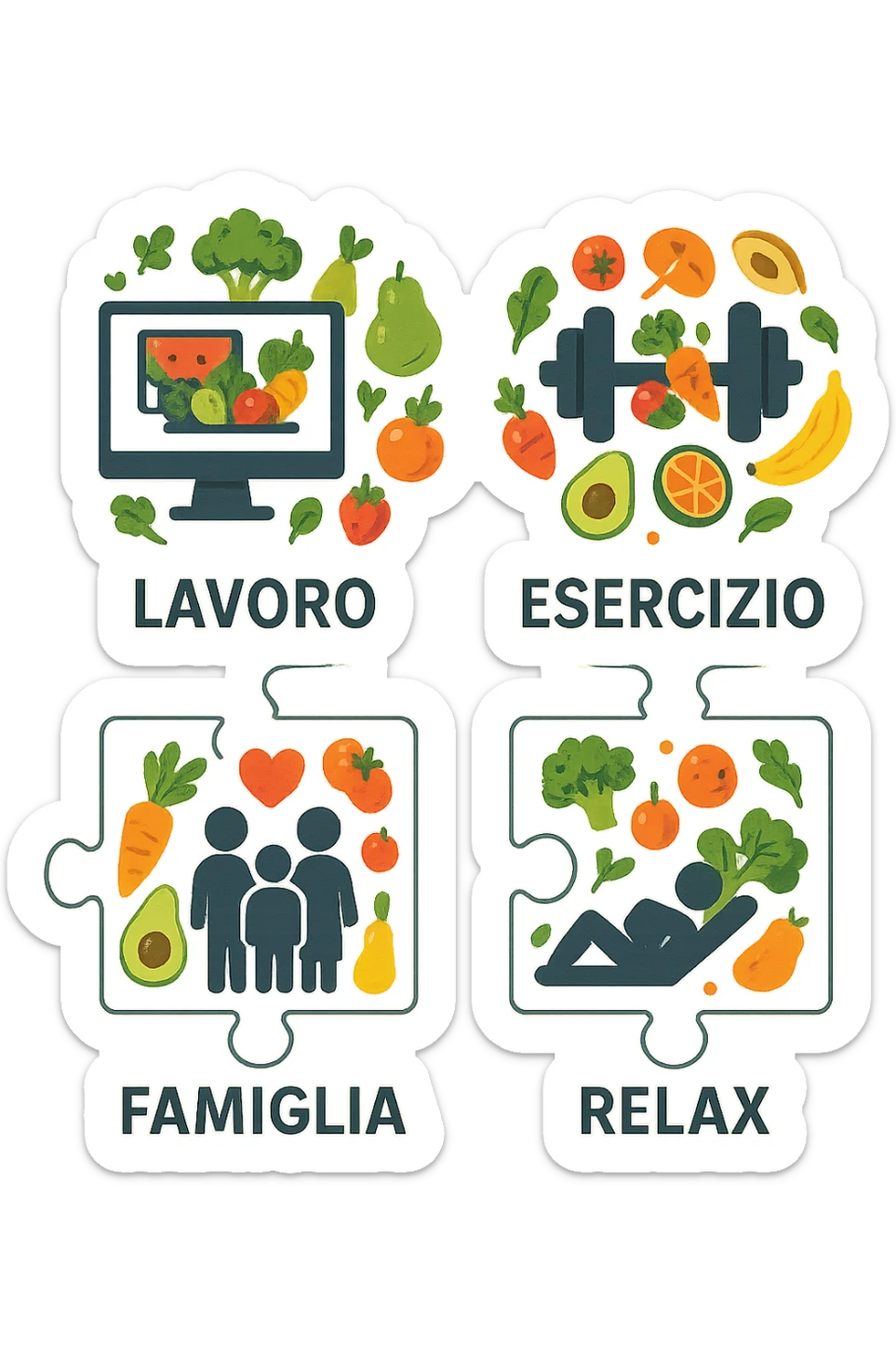 Puzzle (Lavoro, Esercizio, Famiglia, Relax), in lavoro metti icona di un PC, in Esercizio un Manubrio, in Famiglia una famiglia, in Relax qualcuno che riposa and healthy foods are integrated into each piece. in italiano sticker