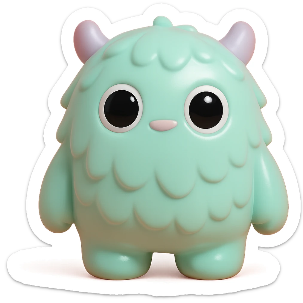 fluffy monster with soft fur texture, big round eyes, small ears, pastel color palette, toy-like sticker