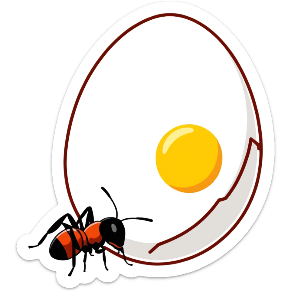 cartoon style twemoji, an egg next to a biological cell, both to the left of an ant, with a darker background sticker