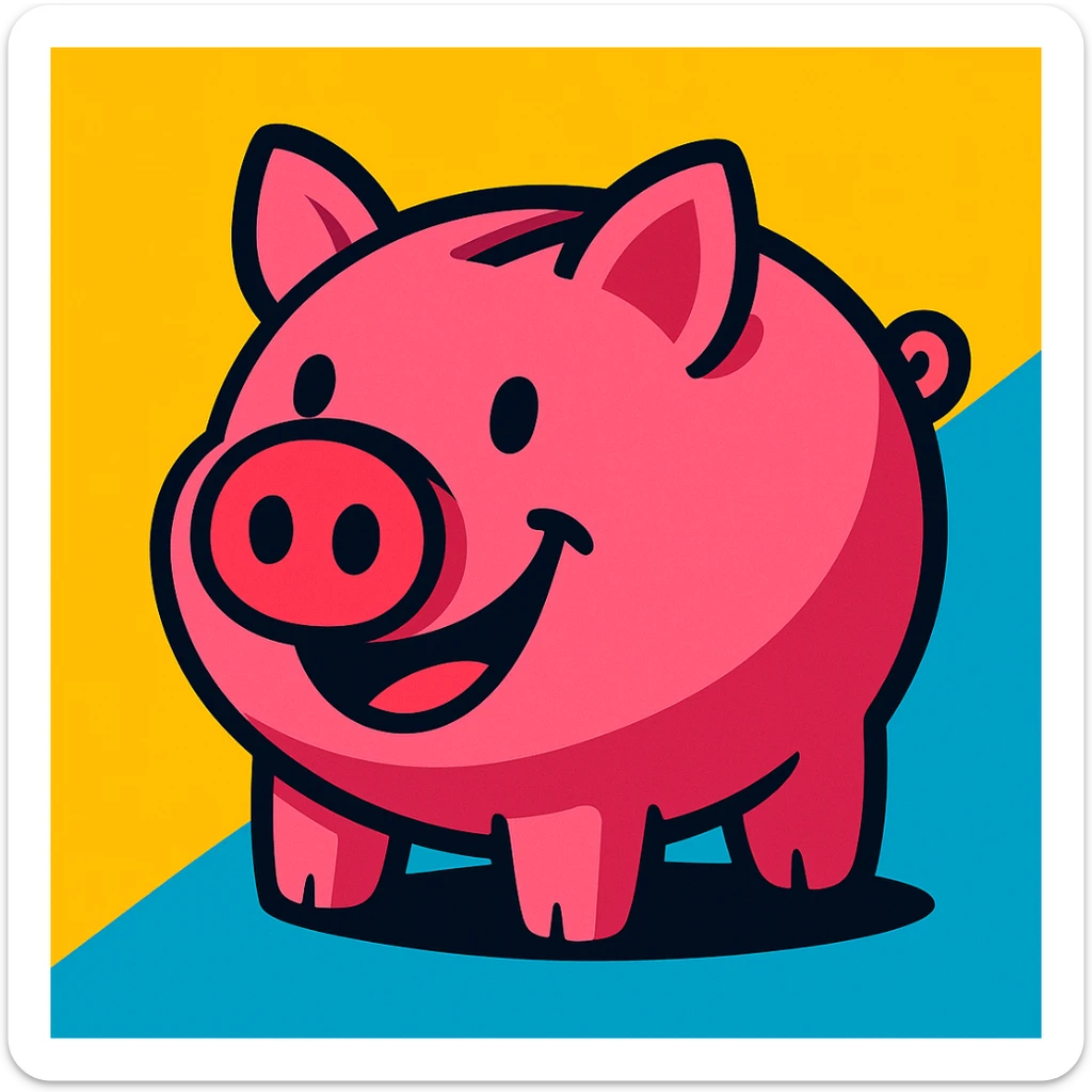 cute pink piggy bank with a round snout and a classic coin slot, bright highly saturated cartoon style, with a big smile sticker