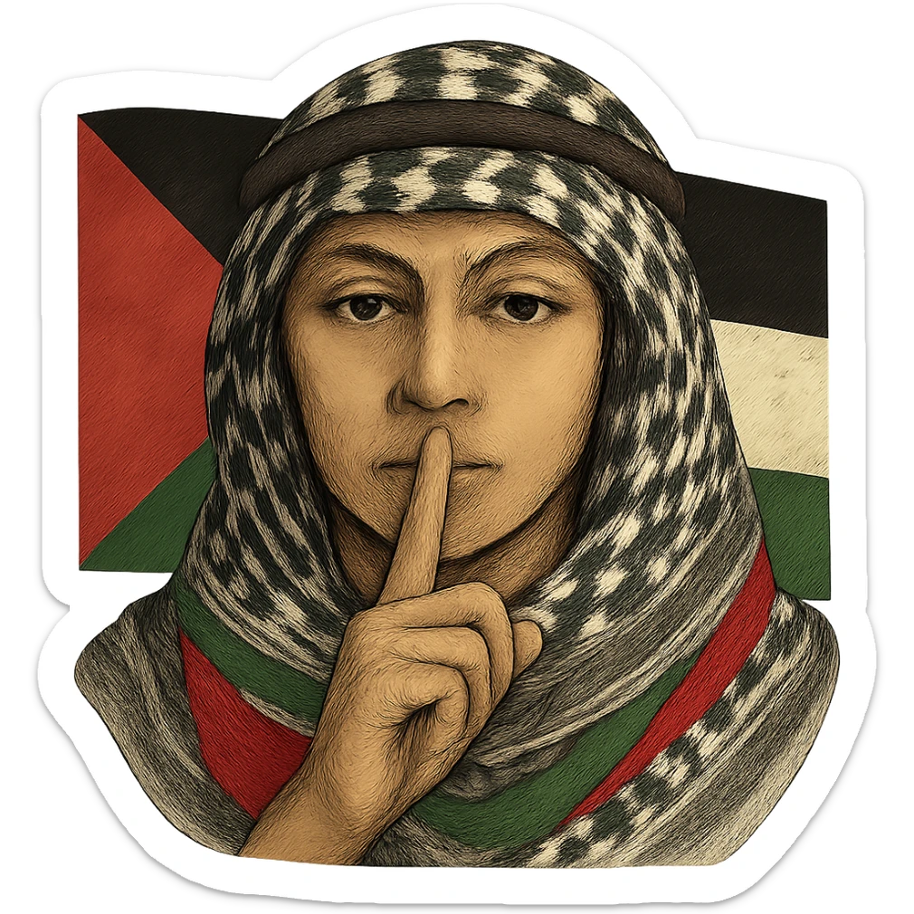 Increase the visibility of the Palestinian flag motif in the background and on the scarf, while keeping the person making the 'shh' gesture as the focus. Remove the background to isolate the subject. The style should maintain the original look and feel of the image. sticker