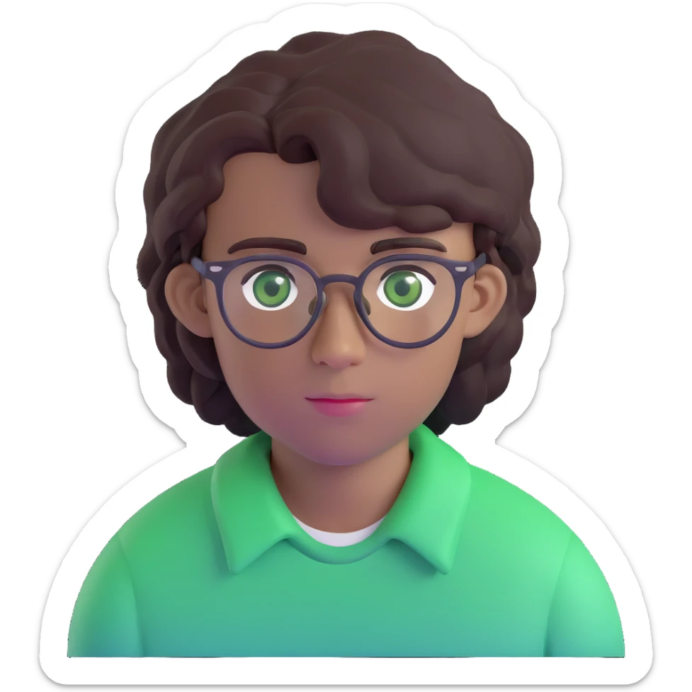 young man with dark slightly curled hair wearing glasses with green eyes sticker