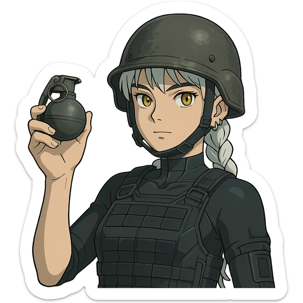  a closeup portrait of young woman with gold yellow eyes, white hair, long braid, black off-shoulder top d-cup, punk gothic style, futuristic cyberwave cyberpunk,  she has a plate carrier armor vest , and a old-style steel bulletproof combat helmet. holding up a m67 hand grenade  sticker