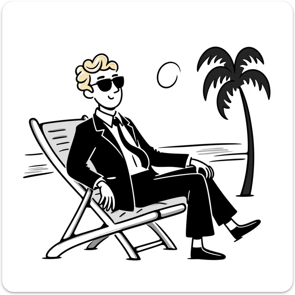 blonde businessman in formal suit sitting in a beach chair on a tropical vacation, relaxing sticker