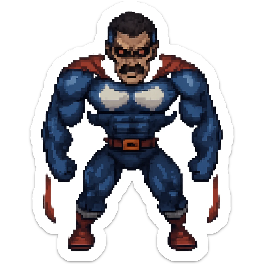 Make Omni-Man look more menacing in pixel art style, add intense eyes and darker shading, no background. Keep the pixel art style with pixelated details emphasizing menacing expression and shading. sticker