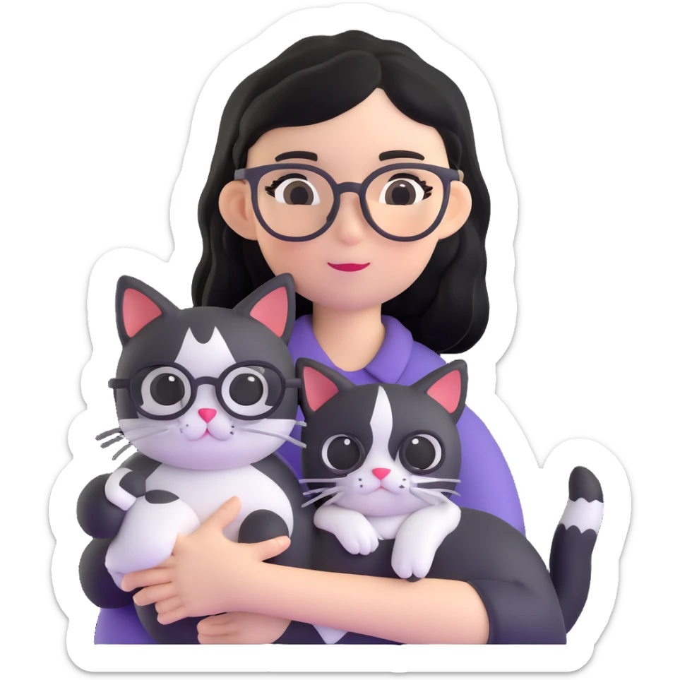 Girl with black hair wearing glasses holding a black and white cat sticker