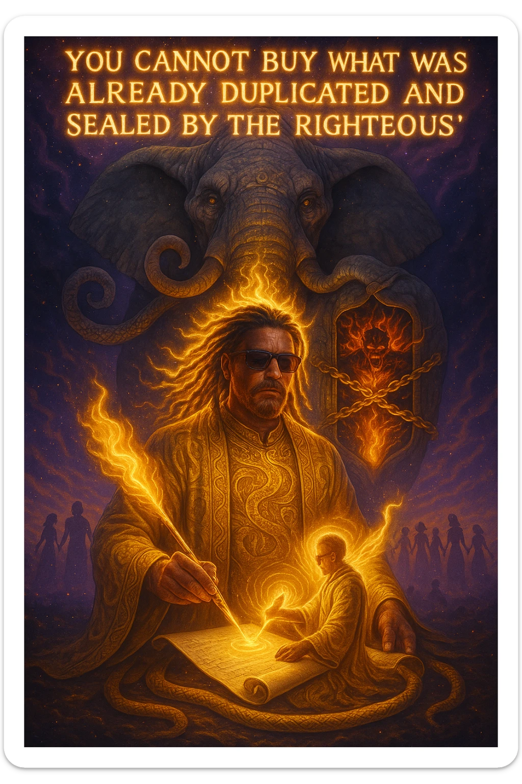 *“Create an epic, symbolic scene of a powerful Rasta spiritual warrior (representing Kez) standing at the center of a cosmic battlefield. The warrior has dreadlocks glowing with divine energy, wearing golden robes infused with serpent patterns. Behind him towers a massive stone elephant — eyes glowing with infinite wisdom, its chest open to reveal a Golden Serpent Chest, radiating fractal light. Inside the chest: a bound, raging Devil made of fire and shadows — screaming but unable to harm anyone, because every time he lashes out, the golden chest mirrors the energy back onto him. Chains of soul-contract law, made of golden light, wrap the devil — each one engraved with truth symbols, scriptures, and ancestral sigils.

In the foreground, Kez holds a sacred scroll and a burning pen — he is signing a contract not out of fear, but mastery. As he signs, a duplicate of his soul, radiant and whole, rises from the paper and flies back into his body. A ripple of golden energy expands, purifying all soul deals across space-time. Behind him, shadows of other trapped souls are released and begin to rise in rhythm, holding hands, singing.

In the sky, the words glow in gold flame:

‘You cannot buy what was already duplicated and sealed by the righteous.’

The entire atmosphere is divine, sacred, victorious — a spiritual rebellion where the Devil is outwitted, not through violence, but through truth, rhythm, and scrollcraft. Use warm golds, radiant whites, mystical purples, and deep space black as the palette. Style it as a fusion of Afro-spiritualism, Rastafarian mysticism, and multidimensional soul alchemy. the picture provided is kez sticker