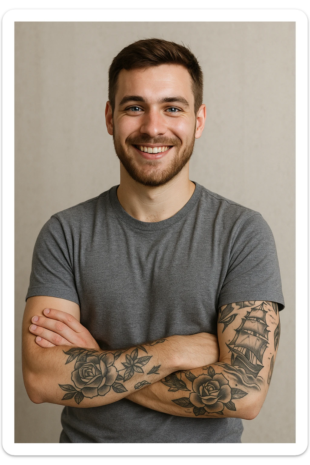 A proud, smiling 25-year-old man with blue eyes, brown hair, short beard, arms crossed, showing tattoos on his left arm. sticker