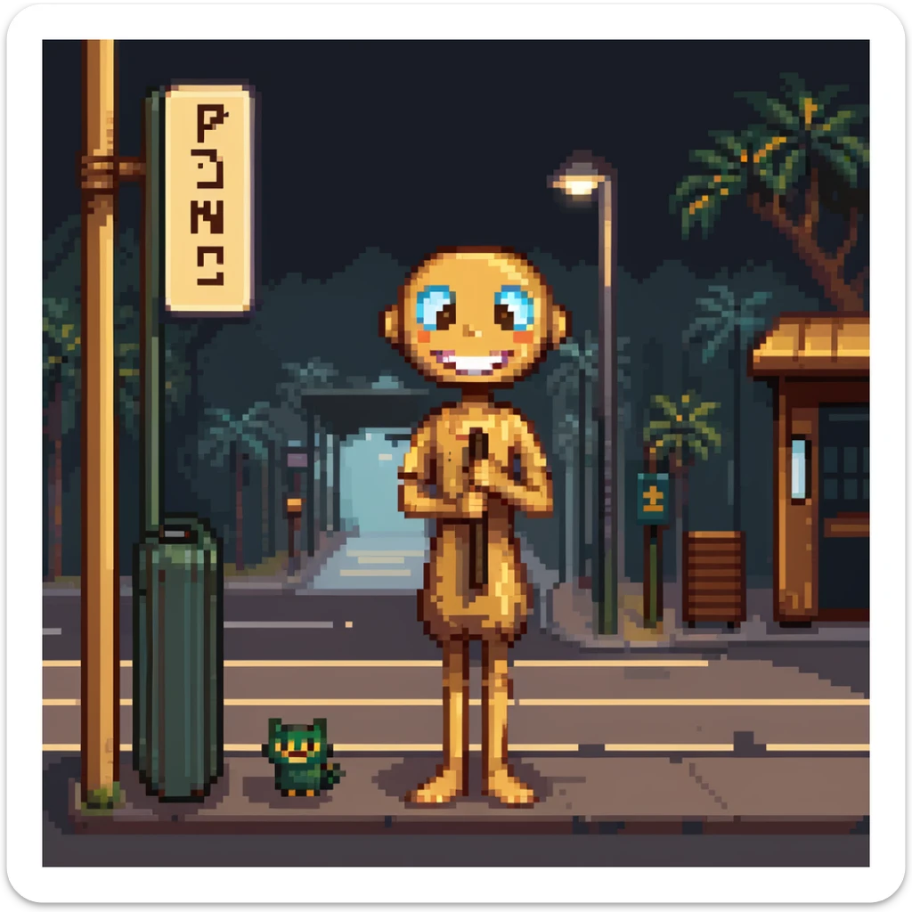 humanoid wooden club with big cartoon eyes and wide smile, barefoot, standing at a dark street bus stop under dim streetlight, holding a bat, background sign 'Pentung Pos Ronda' sticker
