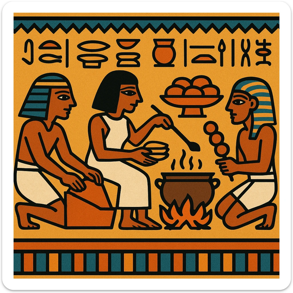 ancient Egyptian cooking scene in hieroglyphic style sticker
