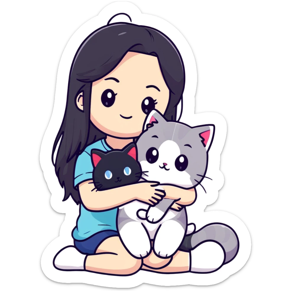Girl with straight black long hair hugging a colorpoint ragdoll plush toy and a tricolor long-haired cat sticker