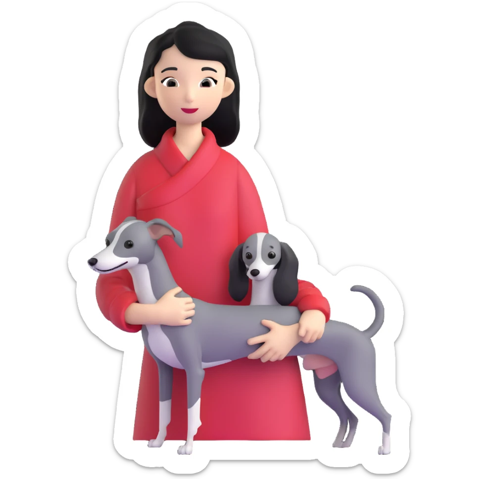 Slim Chinese girl with long black hair holding all grey Italian greyhound sticker
